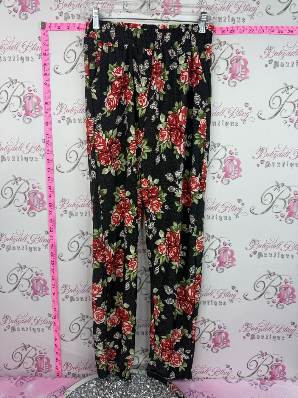 Pants floral cheetah print Women’s Black Floral Elastic-Waist Pants